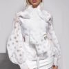 Polka Dot Print Sexy Hollow Out Bow Tie Lantern Long Sleeve Sweet Blouse - Image 4
