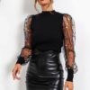 See-through Sexy Transparent Lace Puff Sleeve Mesh Sheer Blouse
