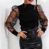 See-through Sexy Transparent Lace Puff Sleeve Mesh Sheer Blouse - Image 2