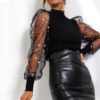 See-through Sexy Transparent Lace Puff Sleeve Mesh Sheer Blouse - Image 4