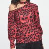 Sexy Hollow Out Skew Collar Leopard  Print Lantern Long Sleeve Blouse