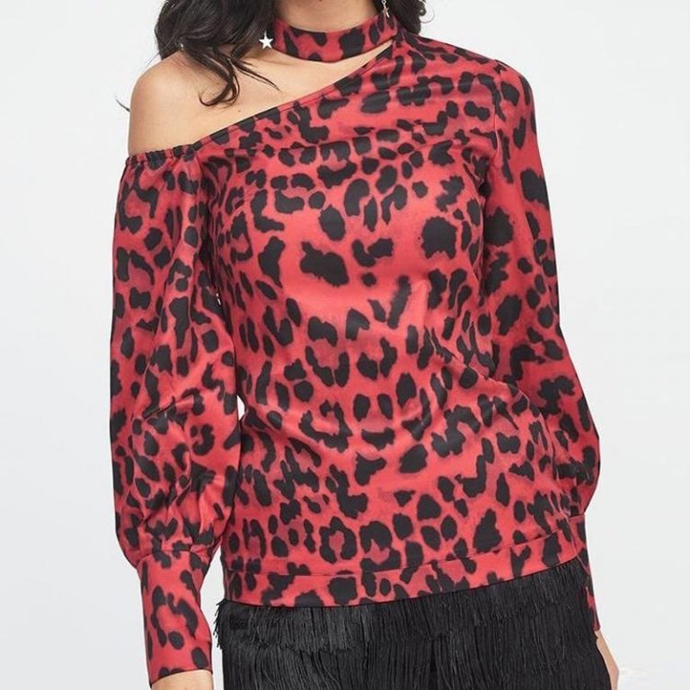 Sexy Hollow Out Skew Collar Leopard  Print Lantern Long Sleeve Blouse