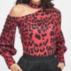 Sexy Hollow Out Skew Collar Leopard  Print Lantern Long Sleeve Blouse - Image 2