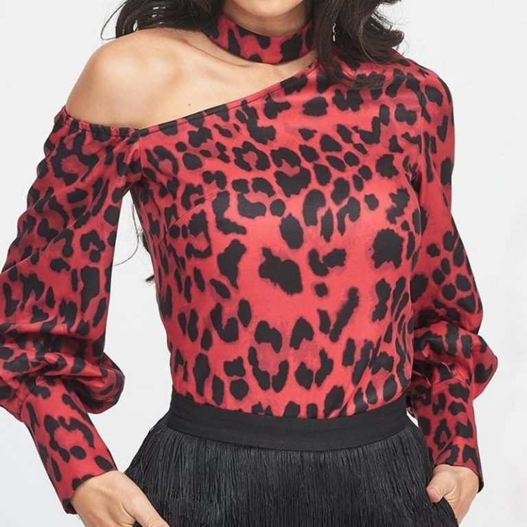 Sexy Hollow Out Skew Collar Leopard  Print Lantern Long Sleeve Blouse - Image 2