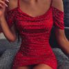 Sexy Off Shoulder Bandage Slim Shiny Short Dresses
