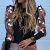 Sexy Transparent Lace Puff Sleeve Embroidery Mesh Sheer Blouse