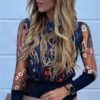 Sexy Transparent Lace Puff Sleeve Embroidery Mesh Sheer Blouse - Image 2