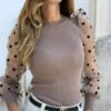 Sexy Transparent Lace Puff Sleeve Polka Dot Mesh Sheer Blouse
