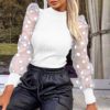 Sexy Transparent Lace Puff Sleeve Polka Dot Mesh Sheer Blouse - Image 2