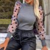 Sexy Transparent Lace Puff Sleeve Polka Dot Mesh Sheer Blouse - Image 4