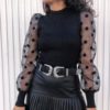 Sexy Transparent Lace Puff Sleeve Polka Dot Mesh Sheer Blouse - Image 5