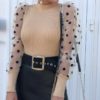 Sexy Transparent Lace Puff Sleeve Polka Dot Mesh Sheer Blouse - Image 6
