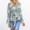 Sexy V-neck Floral Print Flare Long Sleeve Lace-up Blouse