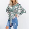 Sexy V-neck Floral Print Flare Long Sleeve Lace-up Blouse - Image 3