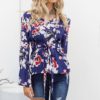 Sexy V-neck Floral Print Flare Long Sleeve Lace-up Blouse - Image 5