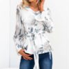 Sexy V-neck Floral Print Flare Long Sleeve Lace-up Blouse - Image 8
