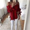 Sexy V-neck Off Shoulder Tied Bow Long Sleeve Strap Top