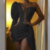 Shiny Bodycon Puff Sleeve Sequin Strapless Glitter Mini Dress - Image 3