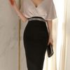 Two Tone V Neck Zipper Layered Sexy Half Sleeves Bodycon Dress