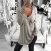 V-Neck Pocket Long Sleeve Casual Solid Loose T-shirt - Image 2