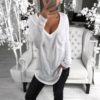 V-Neck Pocket Long Sleeve Casual Solid Loose T-shirt - Image 3