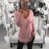 V-Neck Pocket Long Sleeve Casual Solid Loose T-shirt - Image 6