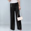 Cotton High Waist Pants Button Casual Wide Leg Trousers - Image 3