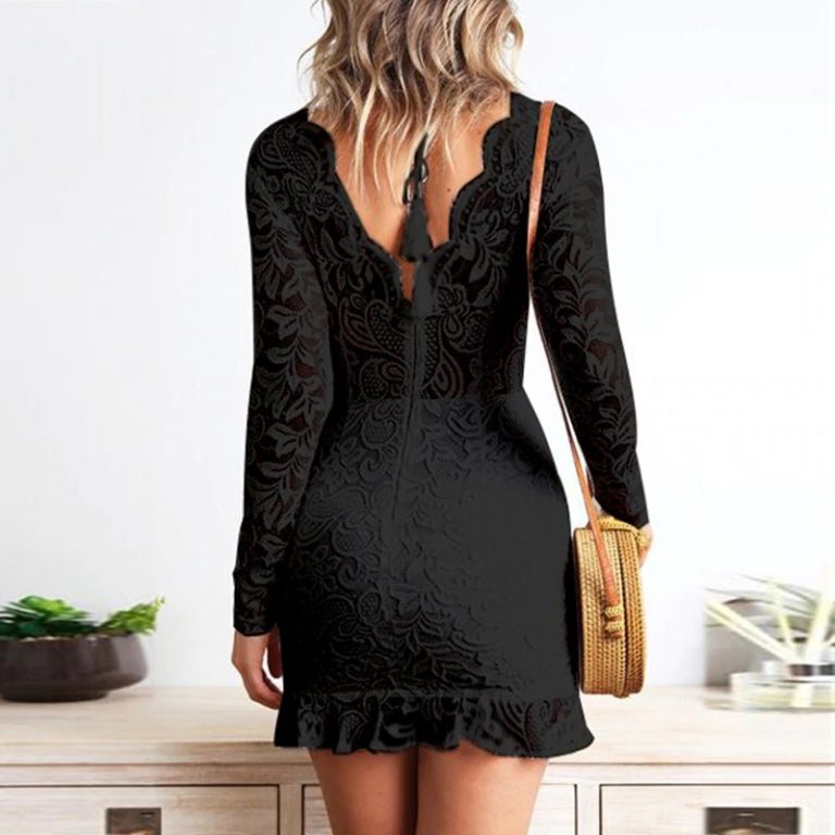 Deep V-neck Backless Ruffle Bodycon Mini Party Dress - Image 9
