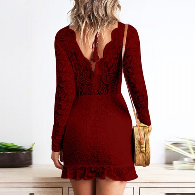 Deep V-neck Backless Ruffle Bodycon Mini Party Dress - Image 12