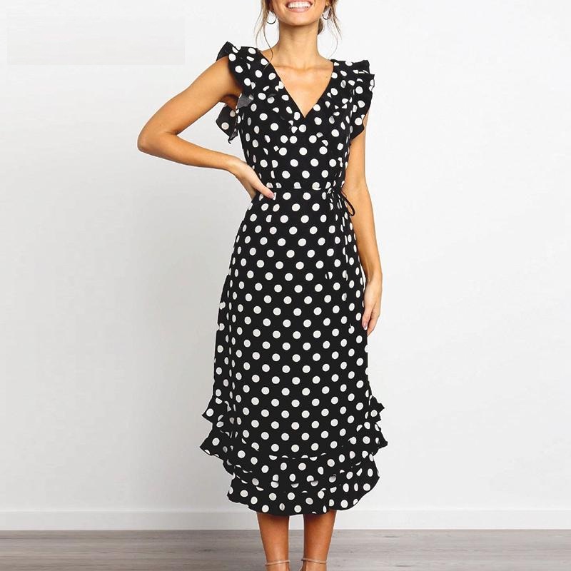 Fashion V Neck Polka Dot Casual High Waist Ruffle Party Dress