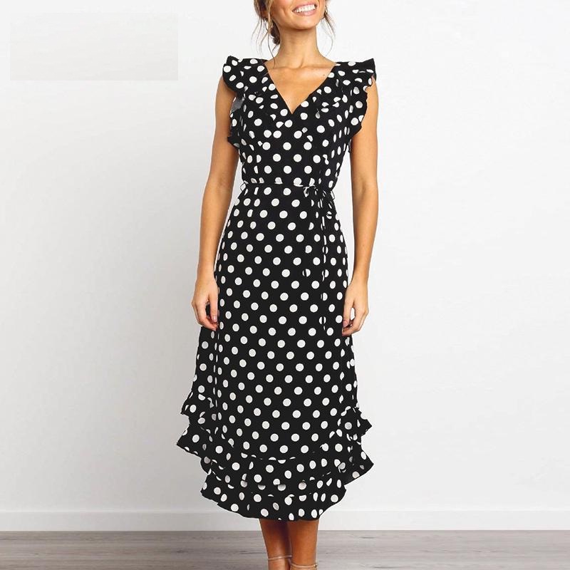 Fashion V Neck Polka Dot Casual High Waist Ruffle Party Dress - Image 3