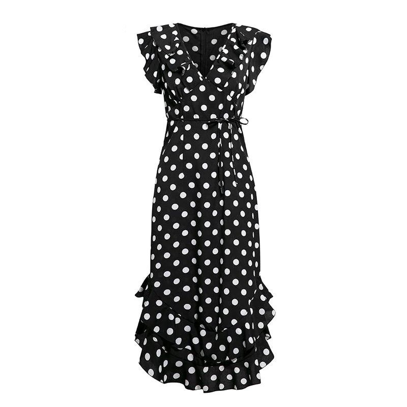 Fashion V Neck Polka Dot Casual High Waist Ruffle Party Dress - Image 6