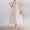 Cap Sleeve Bow Sash Illusion Organza Cocktail Dress