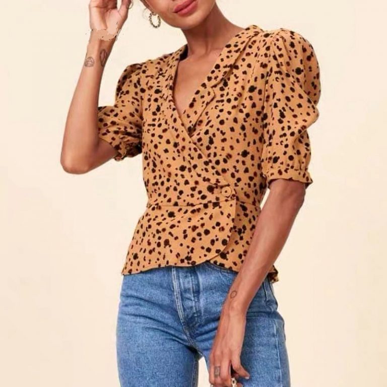 Leopard Print Ruffles Vintage Puff Sleeve Casual Shirt - Image 3