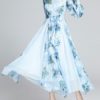 Maxi Dresses Long Sleeves Floral Print Jewel Neck Lace Up Polyester Long Dress