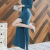 Maxi Dresses Long Sleeves V Neck Split Front Stretch Polyester Long Dress - Image 2