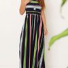 Maxi Dresses Sleeveless Stripes Jewel Neck Cotton Blend Floor Length Dress