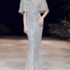 Mermaid Illusion Neckline Floor Length Half Sleeves Zipper Pleated Sequined Pageant Dresses - Image 3