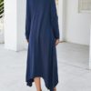 Pure Color O-neck Long Sleeve High Low Hem Dress - Image 2
