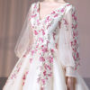 Quinceanera Embroidered Pearls Beaded Long Sleeve V Neck Princess Pageant Dresses - Image 7
