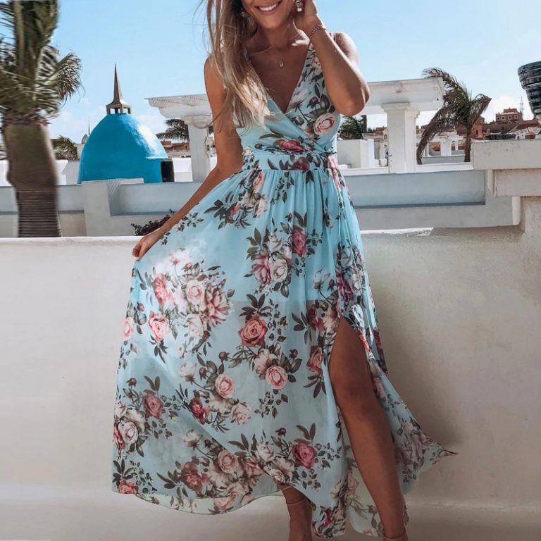 Sexy Deep V-neck Floral Print Sleeveless Split Long Party Dresses - Image 2