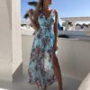 Sexy Deep V-neck Floral Print Sleeveless Split Long Party Dresses