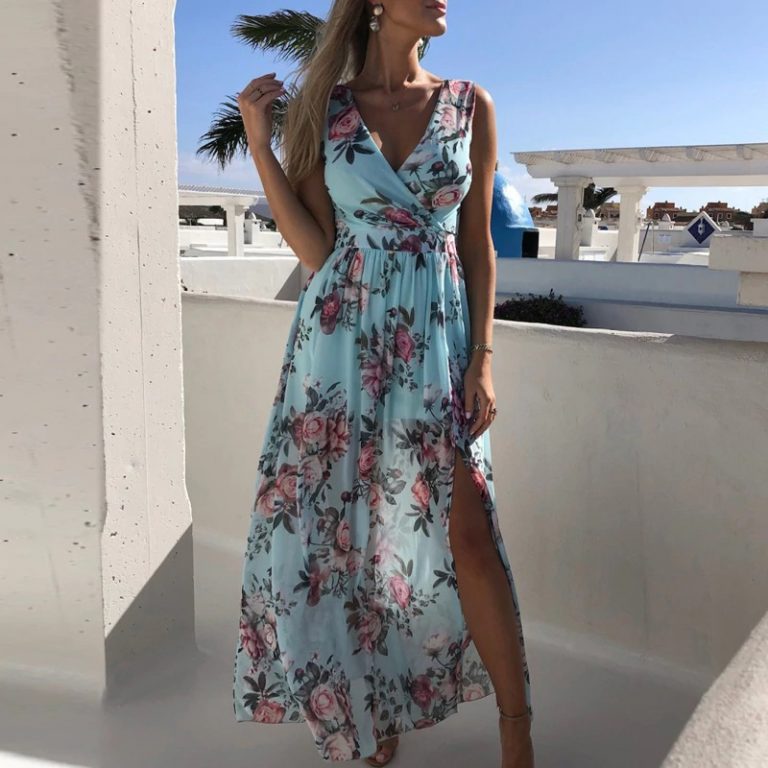 Sexy Deep V-neck Floral Print Sleeveless Split Long Party Dresses