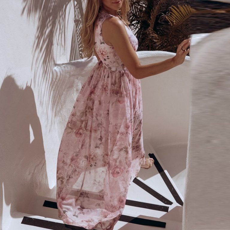 Sexy Deep V-neck Floral Print Sleeveless Split Long Party Dresses - Image 4
