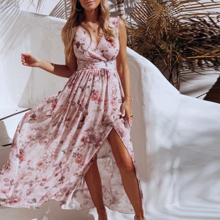 Sexy Deep V-neck Floral Print Sleeveless Split Long Party Dresses - Image 5
