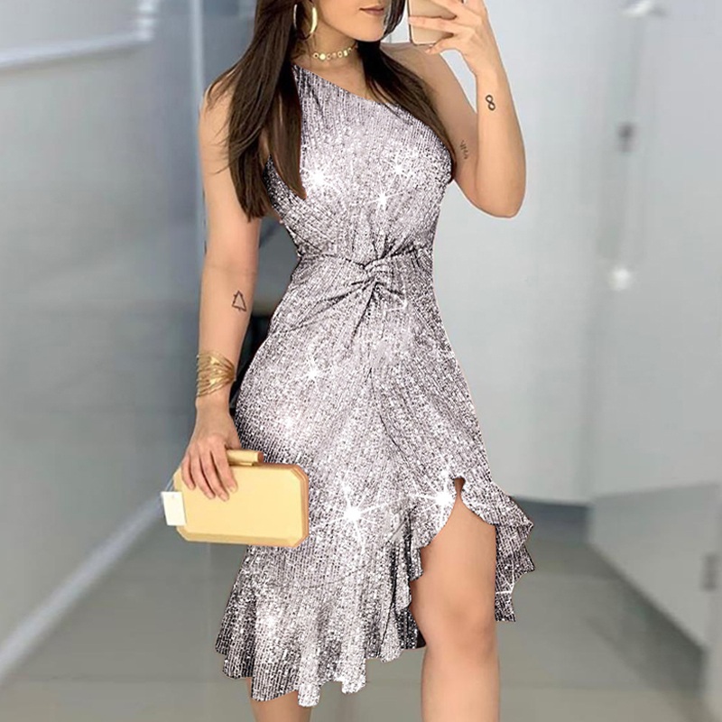 Sexy Waist Twisted Shiny One-shoulder Sequin Bodycon Party Dress - Image 2