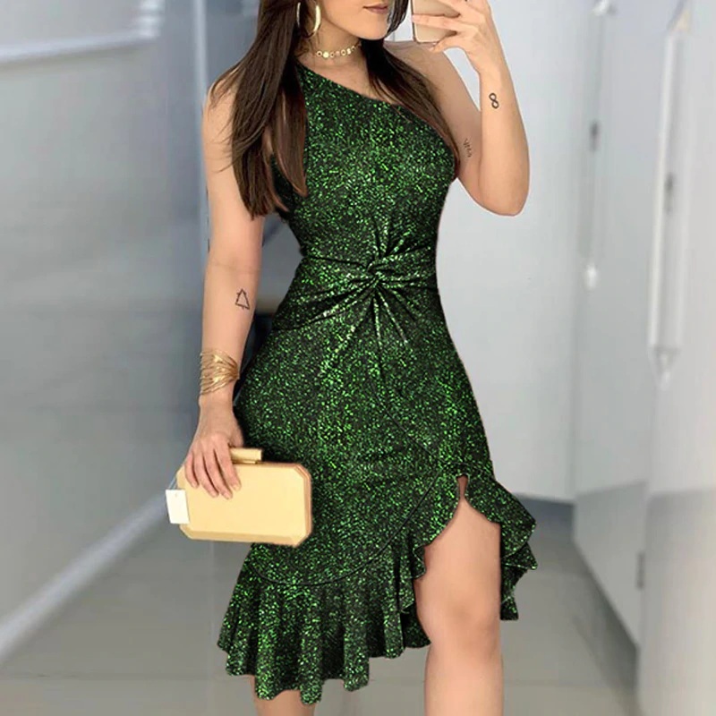 Sexy Waist Twisted Shiny One-shoulder Sequin Bodycon Party Dress - Image 4