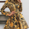 Skater Jewel Neck Long Sleeves Printed Casual Flared Dresses