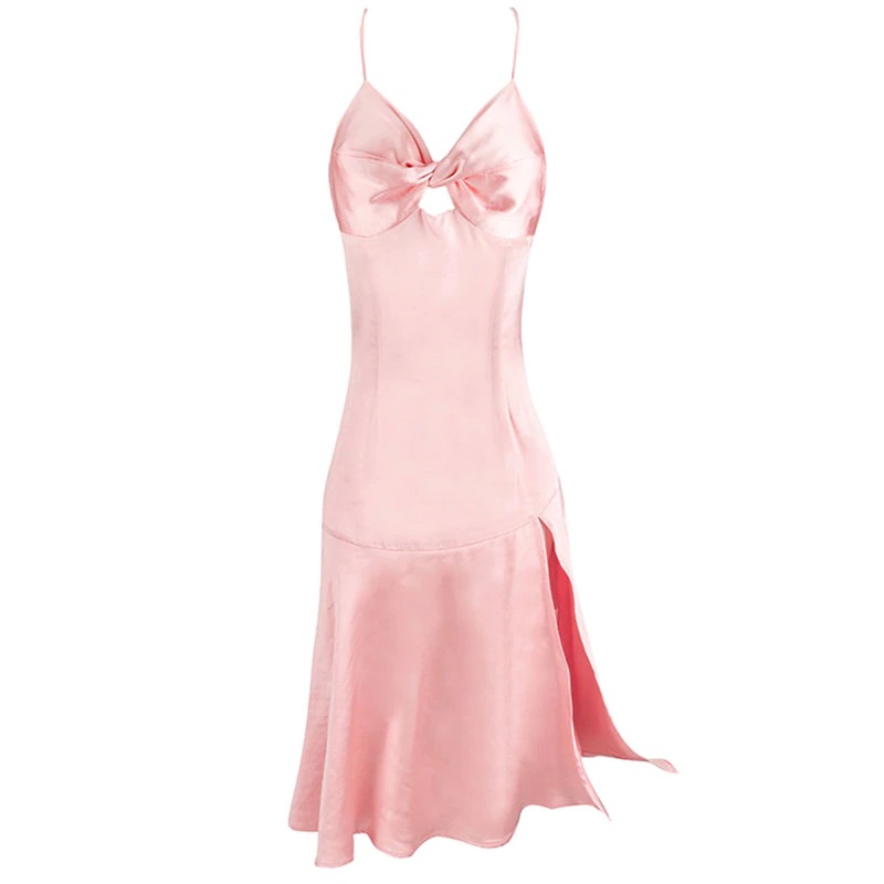 Split V Neck Knee Length Front Knot Party Club Dress - Image 2