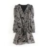 Vintage Long Sleeve V Neck Printed Mini Dress